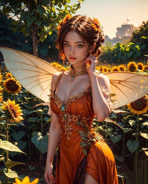 Sunflower Dress Drawing, Sunflower Corset Dress, Sunflower Goddess, Flower Fairy Cosplay, Sunflower Fairy, Sunflower, Digital Art, Turn Ons, Disney