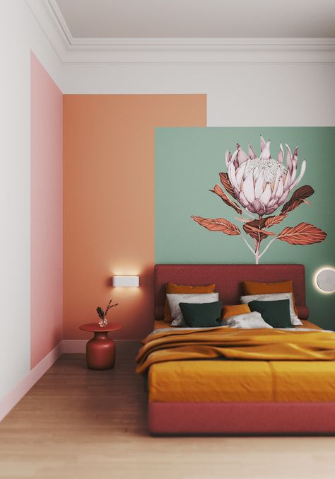 Mural On Grey Wall, Mural On Kitchen Island, Pink Orange Yellow Room Decor, Fun Interior Paint Ideas, Ceiling Design Kids Bedroom, Bedroom Ideas Bright Colors, Accent Paint Wall Ideas, Simple Wall Murals, Diy Wall Mural Ideas