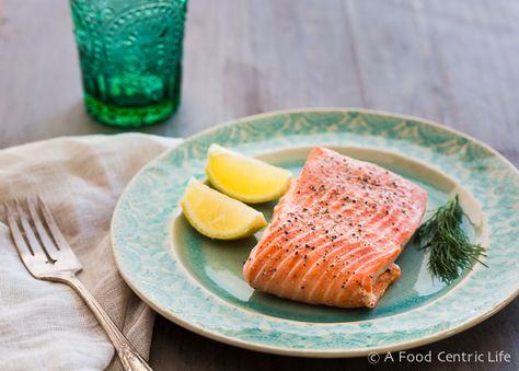 Steamed Salmon|AFoodCentricLife.com Steamed Salmon Recipes, Steamed Salmon, Roasted Halibut, Steam Salmon, Creamy Horseradish, Goat Cheese Appetizer, Daniel Plan, Easy Main Dishes, Lemon Salmon