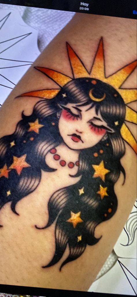 American Traditional Celestial Tattoo, Traditional Virgo Tattoo, American Traditional Half Sleeve, Sun Tattoo Traditional, Traditional Sleeve Tattoo For Women, Sun Goddess Tattoo, Traditional Style Tattoo For Women, American Traditional Woman, Traditional Tattoos For Women