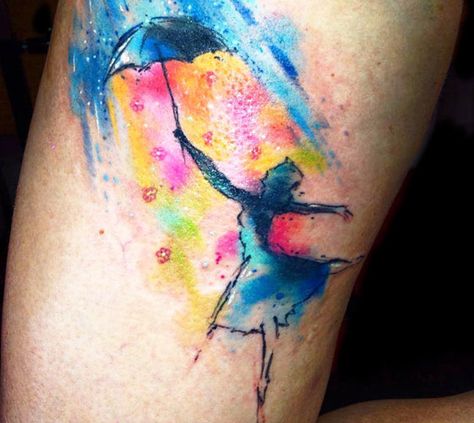 Awesome watercolor tattoo style Dancing in the Rain motive by Adam Kremer Watercolor Rain Tattoo, Dancing In The Rain Tattoo, Rain Tattoos, Boondocks Tattoo, Free Spirit Tattoo, Steve Butcher Tattoo, Rain Tattoo, Dancer Tattoo, Trinity Tattoo