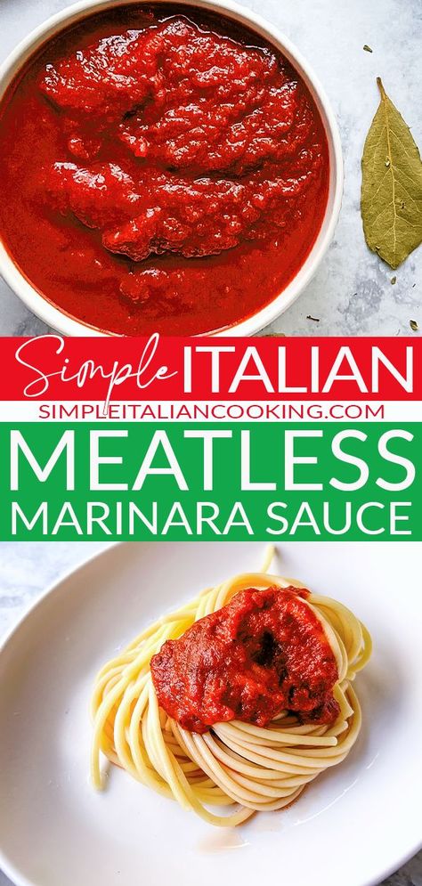 Enjoy this easy Italian meatless marinara sauce. This is a recipe that is simple and uses minimal ingredients. Enjoy this Italian sauce as a base or as it is alone for your pasta.  If you love olive oil, garlic, and tomatoes you'll love this recipe. via @simpleitalian Meatless Spaghetti Sauce Recipe, Italian Marinara Sauce, Making Pasta Sauce, Types Of Pasta Sauce, Pasta With Meat, Italian Cooking Recipes, Easy Marinara Sauce, Garlic Spaghetti, Marinara Sauce Recipe