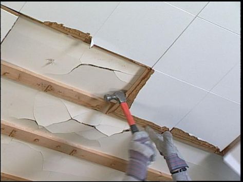 DIYNetwork.com offers steps that demonstrate how to remove and replace ceiling tiles with drywall. Replace Ceiling, Drop Ceiling Makeover, Drop Ceiling Basement, Vintage Tin Ceiling Tile, Tile Ceiling, Drywall Ceiling, Basement Ceiling, Tin Ceiling Tiles, Dropped Ceiling