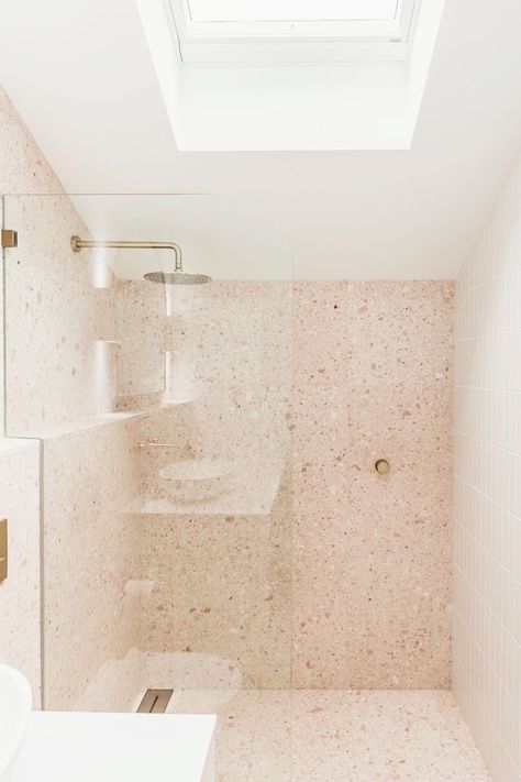 Blush themed main bathroom with pink terrazzo tiles, gold tapware and a large skylight situated above the shower. Bathroom Terrazzo, Terrazzo Bathroom, Pink Terrazzo, Small Bathroom Renovations, Design Apartment, Upstairs Bathrooms, Girls Bathroom, Main Bathroom, Pink Bathroom