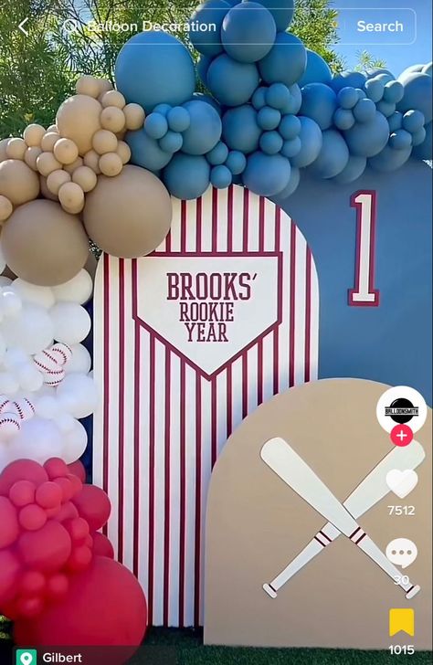 Rookie Year Baseball 1st Birthday, Baseball Party Backdrop Ideas, Roomie Of The Year First Birthday, Baseball Kids Party, Baseball Birthday Backdrop, Rookie Of The Year Birthday Party, Rookie Of The Year Backdrop, First Birthday Rookie Year, My Rookie Year First Birthday