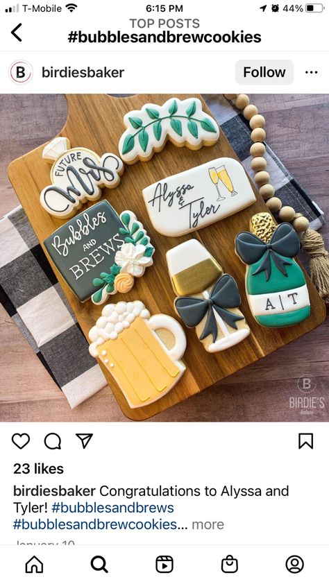 Bubbles And Brews Shower Cookies, Brews And Bubbly Party, Stock The Bar Party Cookies, Brews Before I Dos Cookies, Stock The Bar Couples Shower Ideas, Stock The Bar Cookies Decorated, Beer Themed Engagement Party, Couples Shower Cookies Decorated, Stock The Bar Cookies