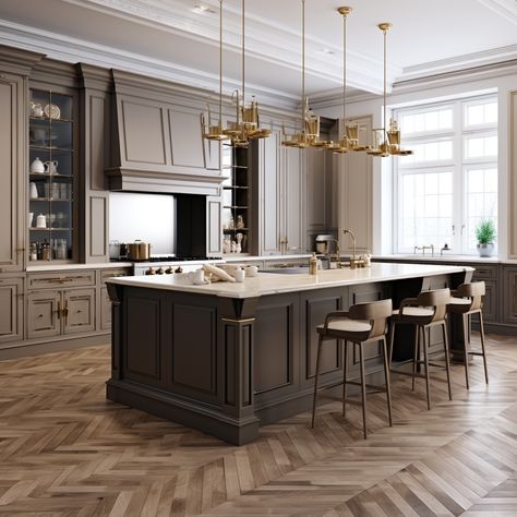 ✨ Opulence Meets Functionality ✨ Step into a kitchen where luxury knows no bounds. 🖤 This expansive island, wrapped in rich, dark cabinetry, isn't just a statement—it's a testament to timeless elegance. Each step on the herringbone wood flooring feels like a dance with sophistication, while gold pendants cascade light, casting a glow reminiscent of golden hour every hour. Luxury Kitchen Design Classic, Different Colour Kitchen Island, Dark Wood Kitchen Inspiration, Classical Kitchen Design Luxury, Modern Classical Kitchen, Modern Classic Kitchen Design Luxury, Kitchen Ideas Flooring, Victorian Kitchen Aesthetic, Kitchen Set Classic