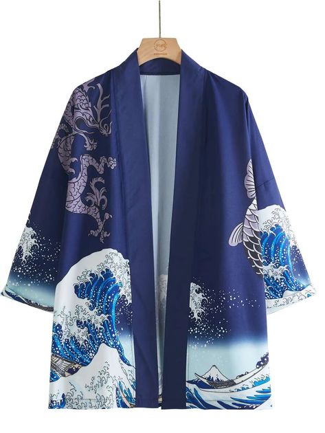 Men Chinese Dragon And Wave Print Kimono | SHEIN USA Kimono Dressing Gown, Kimono Japan, Kimono Outfit, Male Kimono, Blue Kimono, Animal Graphic, Wave Print, Print Kimonos, Japanese Outfits