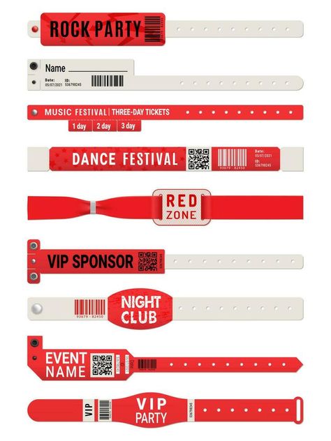 Event access bracelet or wristband mockups Festival Wristbands Display, Wristband Design, Event Registration, Party Names, Ticket Design, Id Design, Red Zone, Wristband Bracelet, Book Layout