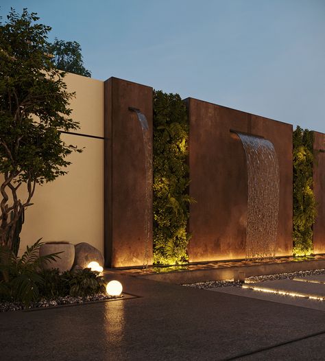 EL-RIYAD VILLA :: Behance Patio Garden Ideas, Living Rooms Ideas, Taman Air, Compound Wall Design, Detail Arsitektur, Garden Wall Designs, Front Wall Design, Living Room Light, Modern Backyard Landscaping