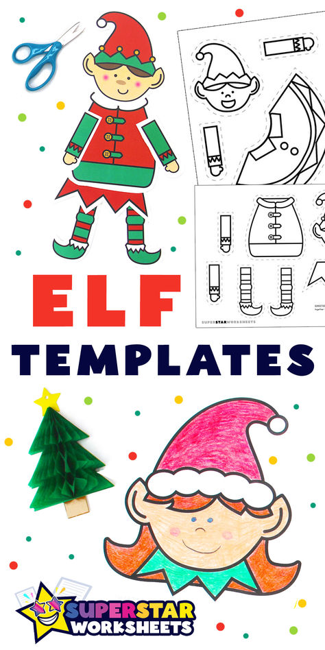 Free printable elf templates for paper elf on the shelf activities. Printable letter templates, elf cut and paste art projects, student faces with photo on elf template, coloring pages, and more!  Free from SuperstarWorksheets.com Elf Printables Free, Elf Template, Elf On The Shelf Activities, Paper Elf, Elf On Shelf Letter, Mittens Template, Elf Report Card, Christmas Letter Template, Elf Printables