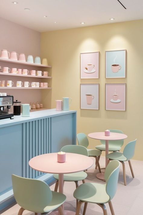 Round Pink Table, Cozy Small Coffee Shop, Pastel Coffee Aesthetic, Aesthetic Cafe Interior Pastel, Cafe Small Design, Candy Shop Aesthetic Pastel, Coffee Shop Table And Chairs, Pastel Yellow Interior, Small Cafe Counter Design