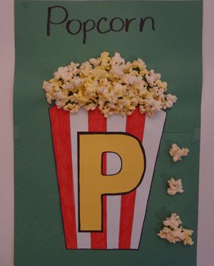 letter p pocorn craft. you may use real or fake popcorn pieces. for each correct /p/ production, give the child a piece to glue on . you may also allow the child to color in the container stripes Letter P Projects For Preschoolers, P Letter Activities For Preschool, Letter P Craft For Preschoolers, Dayhome Activities, Popcorn Craft, Fake Popcorn, Abc Projects, Snowflakes Craft, Popcorn Crafts