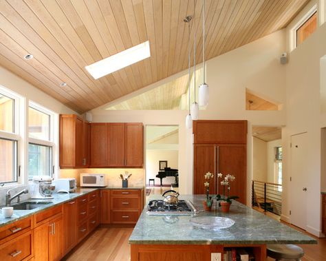 Kitchen Shed Roof Design Shed Ceiling Ideas, Sloped Ceiling Lighting, Vaulted Ceiling Lighting, Vaulted Ceiling Kitchen, Pitched Ceiling, Modern Kitchen Lighting, Types Of Ceilings, Angled Ceilings, Slanted Ceiling