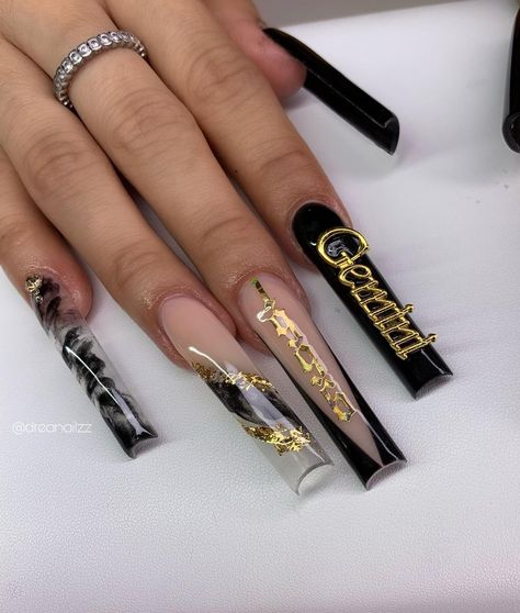 Black And Gold Freestyle Nails, Gemini Bday Nails, Gemini Inspired Nails, Saggitarius Nail Ideas, Scorpio Nails Acrylic, Birthday Nails Capricorn, Birthday Nails Gemini, Capricorn Nails Designs, Birthday Nails Taurus