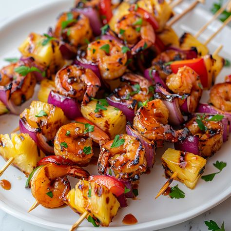 Tropical Shrimp, Honey Shrimp, Pineapple Shrimp, Pineapple Skewer, Seafood Dish Recipes, Grilled Shrimp Skewers, Juicy Shrimp, Grilled Shrimp Recipes, Shrimp Skewers