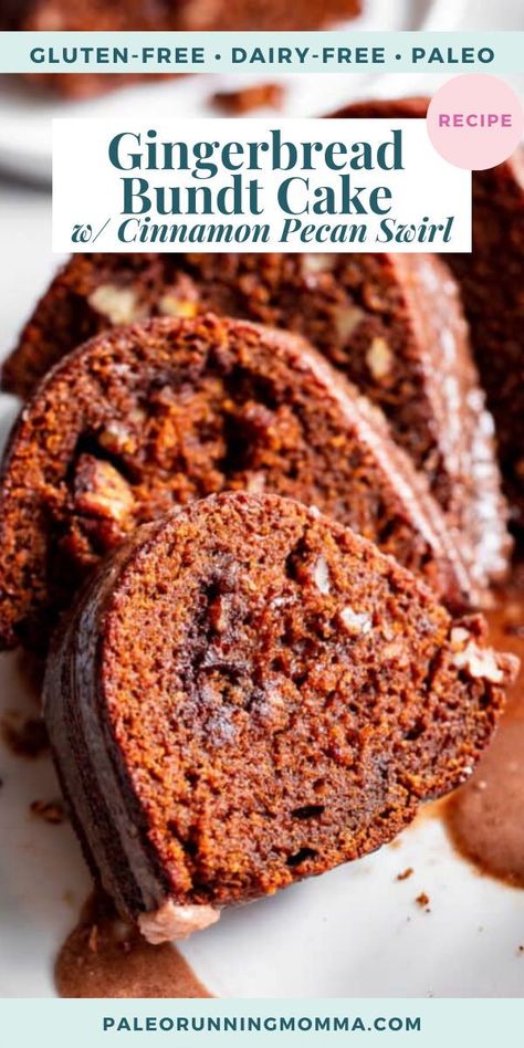 This grain free and paleo Gingerbread Bundt Cake is moist and tender, with a sweet cinnamon maple pecan swirl! Topped with a sweet maple glaze, this gluten-free, dairy-free cake is sure to be a favorite for the holiday season! Gf Gingerbread Cake, Paleo Gingerbread Cake, Grain Free Cake Recipe, Paleo Christmas Desserts, Grain Free Cake, Paleo Coffee Cake, Gluten Free Desserts Holiday, Paleo Gingerbread Cookies, Gluten Free Gingerbread Cake