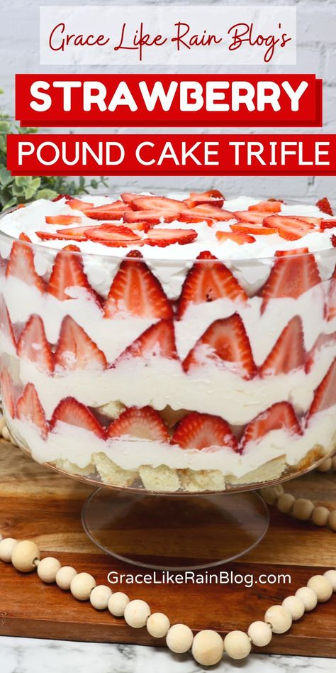 Wow your friends and family with this amazing Strawberry Pound Cake Trifle recipe! :strawberry: This delightfully layered dessert is perfect for a crowd and features soft pound cake, juicy strawberries, and a velvety filling. Pin this must-try recipe and watch everyone dig in with delight at your next gathering. Pound Cake Trifle Recipes, Easy Strawberry Trifle, Pound Cake Trifle, Angel Food Trifle, Angel Food Cake Trifle, Banana Pudding Trifle, Trifle Recipes Easy, Cake Trifle, Strawberry Angel Food Cake