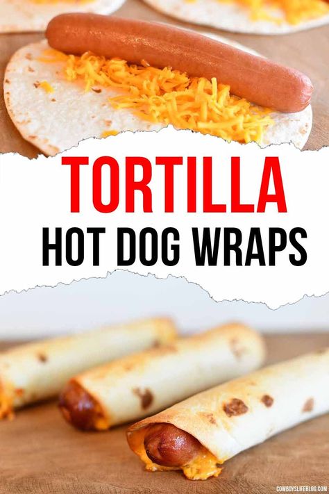 Tortilla Wrapped Hot Dogs Air Fryer, Hotdogs Wrapped In Tortillas, Dinners With Hotdogs, Hot Dog Wraps Tortillas, Hot Dog Wrap, Hot Dog Snacks, Hot Dog Ideas Dinners, Hot Dog Tortilla, Recipes Using Hot Dogs