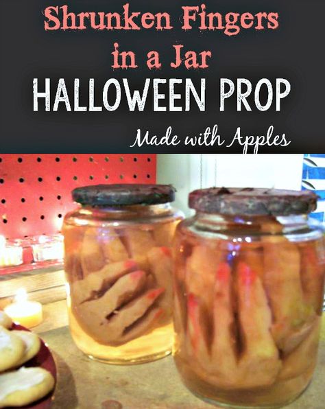 DIY Shrunken Apple Fingers in a Jar Halloween Prop | stowandtellu.com Diy Halloween Body Parts, Diy Head In A Jar Halloween Decorations, Head In Jar Halloween, Fake Intestines Diy Halloween Prop, Face In A Jar Halloween, Diy Halloween Jars, Food Props Diy, Halloween Jell-o Shots In Syringe, Scary Food