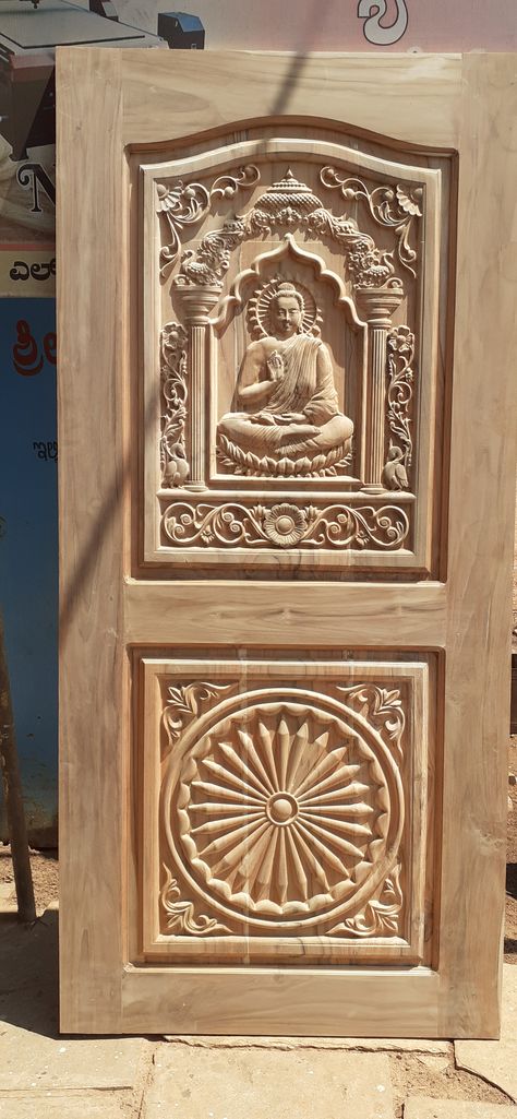 Single door with Design Lord Buddha and chakra Buddha Main Door Design, Teak Wood Door, Ashoka Chakra, Door Design Photos, Lord Buddha, Wooden Door Design, Main Door Design, Design Wood, Main Door