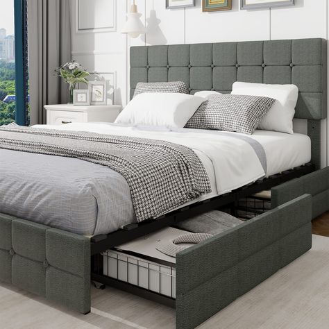 Bed Frame Ideas With Storage, Bed Design With Storage, Queen Size Bed Designs, Queen Bed With Drawers, Bedroom Ideas Queen Bed, Cot Ideas, Queen Bed Frame With Storage, Queen Bed Frame With Headboard, Bed Frames Ideas