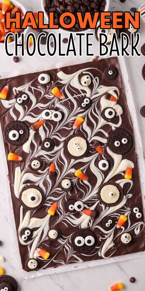 Brownie Decorating Ideas Halloween, Halloween Chocolate Bark Recipes, Halloween Bark Candy White Chocolate, Halloween Dessert Bar, Halloween Scotcheroos, Halloween Bars Dessert, Halloween Cracker Bark, Chocolate Covered Halloween Treats, Halloween Bark Candy