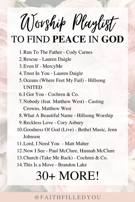 A great worship playlist for Christians to praise God, find peace in God, and grow closer to God that is filled with the best worship songs for all situations! Find this worship playlist on Spotify today! #worshipplaylist #Christianliving #Christianlifestyle #worshipsongs #faithfilledyou Peace In God, Worship Songs List, Worship Playlist, Christian Music Playlist, Best Worship Songs, The Goodness Of God, Worship Songs Lyrics, Worship Lyrics, Worship Quotes