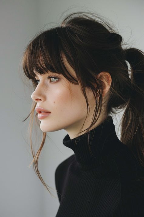 17 Fabulous Hairstyles with Wispy Bangs You Need to Try Bangs For Very Fine Hair, Medium Length Hair Styles Bangs, One Sided Bangs, Long Bangstyle Hair, Brunette Layered Hair Medium, Wedding Hairstyles Bangs, Brunette Balayage Hair With Bangs, Long Haircut With Layers And Bangs, Face Framing Layers Long Hair With Bangs