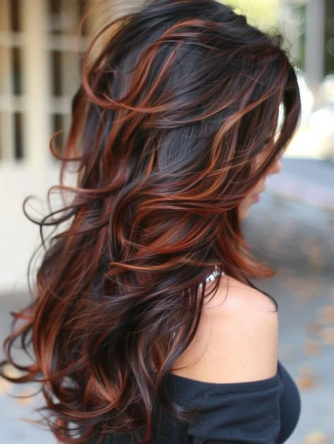 Dark Brown Bayalage With Red, Hair Color Ideas Fall/winter, Cinnamon Spice Balayage, Dark Hair With Cinnamon Highlights, Fall Hair Coloring For Brunettes, Dark Copper Ombre Hair, Brunette Hair With Ginger Highlights, Subtle Auburn Balayage, Black And Copper Hair Highlights