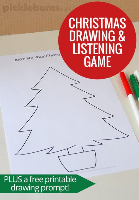 Christmas Drawing and Listening Game - with a free printable Christmas tree drawing prompt Printable Christmas Tree, Listening Games, Christmas Tree Drawing, Christmas Kindergarten, Christmas School, Preschool Christmas, Drawing Prompt, Christmas Classroom, Free Christmas Printables