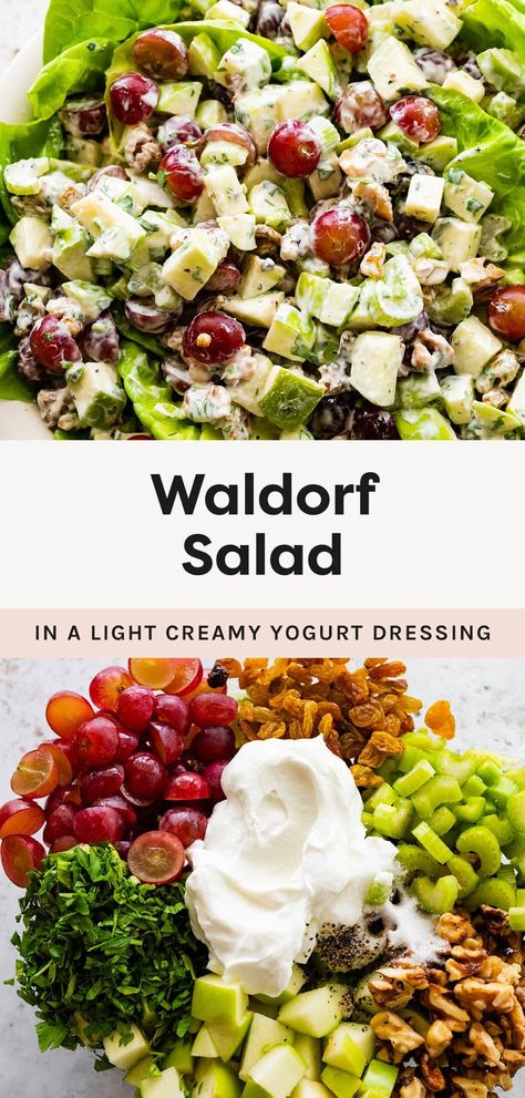 This Waldorf salad is loaded with apples, grapes, celery and walnuts all tossed in a light creamy dressing. It's crisp, sweet and perfect served as an appetizer or side salad. Waldorf Salad Dressing, Cranberry Waldorf Salad, Dairy Free Salads For Parties, Waldorf Salad Recipe, Dairy Free Salads, Waldorf Salad, Yogurt Dressing, Must Have Kitchen Gadgets, Serious Eats