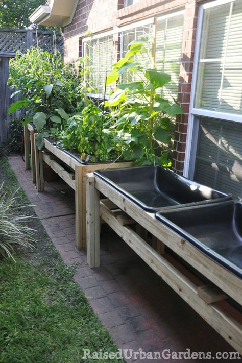 How to garden in a tiny yard... Oh my goodness, these are cement mixing trays (Home Depot) & they are about $14 each. I have one as my duck's pool. :) Garden Potager, Tiny Yard, Raised Planters, Urban Garden Design, How To Garden, Jardim Diy, Concrete Patios, Building A Raised Garden, Garden Area