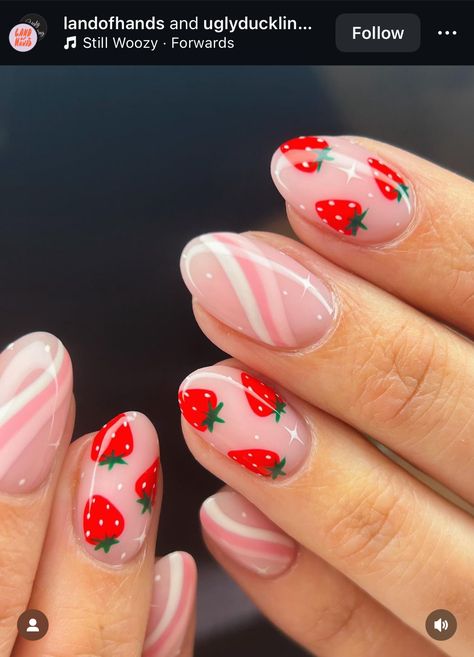 Strawberries Nails, Summertime Nails, Strawberry Nail Art, Ladybug Nails, Almond Acrylic Nails Designs, Strawberry Nails, Fruit Nail Designs, Berry Nails, Fruit Nails