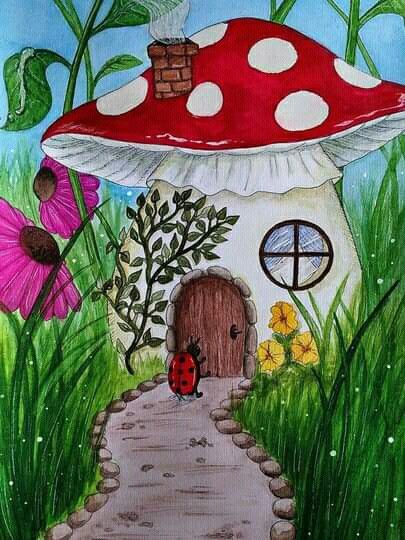 Mushroom Houses Paintings, Cottagecore Canvas Painting Easy, Whimsical Garden Art Drawing, Knome Houses Drawing, Gnome House Painting, Fairy Painting Ideas Easy, Fairy Garden Painting Canvas, Fairy Garden Drawing Simple, Gnome House Drawing