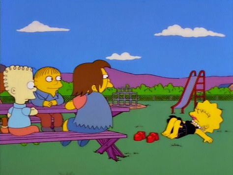 Lisa lays flat on the ground after she fell off her shoes as Nelson and the others are looking on Nelson X Lisa, Lisa X Nelson, Lisa And Nelson, Lisa Nelson, On The Ground, The Simpsons, Bart Simpson, Fictional Characters, Quick Saves