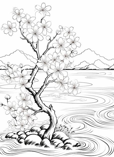 Pictures Of Trees To Paint, Cherry Blossom Landscape Drawing, Trees And Flowers Drawing, Bonsai Tree Drawing Simple, Asian Coloring Pages, Flower Tree Drawing, Forest Drawing Simple, Cherry Blossom Coloring Page, Japanese Coloring Pages