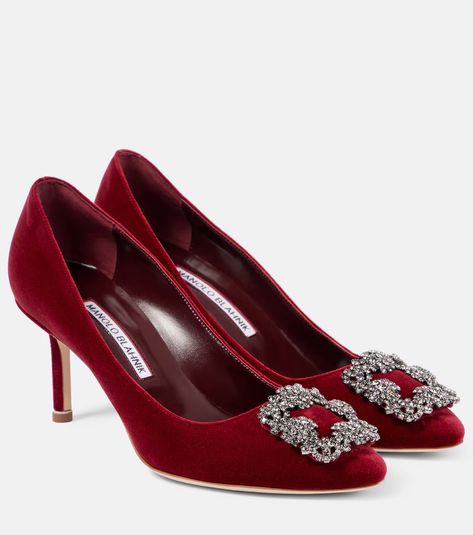 Hangisi 70 embellished velvet pumps in burgundy - Manolo Blahnik | Mytheresa Pumps Outfit, Burgundy Pumps, Manolo Blahnik Pumps, Manolo Blahnik Hangisi, Patent Leather Ballet Flats, Velvet Pumps, Burgundy Shoes, Club Shoes, Mid Heels Pumps