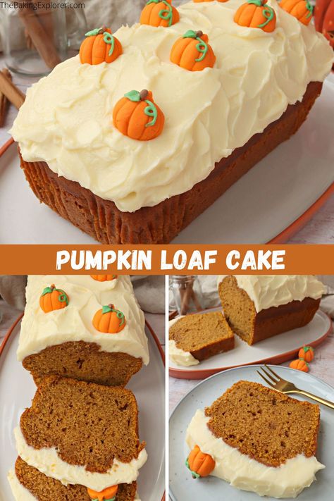 Recipe for a Pumpkin Loaf Cake - this is a moist spiced pumpkin loaf cake (also known as pumpkin bread or pumpkin pound cake) with pumpkin puree and spices like cinnamon and nutmeg. Decorate with a thick cream cheese frosting! A perfect autumn cake! Pumpkin Pie Wreath, Cake With Pumpkin Puree, Thick Cream Cheese Frosting, Pumpkin Loaf Cake, Seasonal Cakes, Pumpkin Pound Cake, Rustic Wreaths, Autumn Cake, Rainbow Cakes