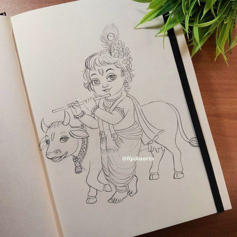 Baby Kanha Drawing, Krishna Pencil Sketch Art, Pencil Art Drawings Krishna, Drawing Lord Krishna, Dahihandi Drawing, Simple God Drawings, Janmashtami Drawing Sketch, Krishna Stencil, Krishna Bhagwan Drawing