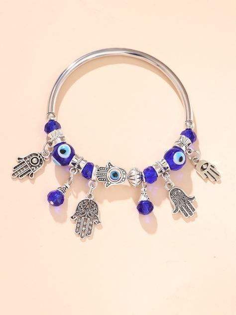 Evil Eye & Hamsa Hand Charm BangleI discovered amazing products on SHEIN.com, come check them out! Bracelet Ideas Friendship, Cute Bracelet Ideas, Colorful Bead Bracelets, Fork Jewelry, Micro Mosaic Jewelry, Evil Eye Hamsa, Beaded Bracelets Tutorial, Bracelets Design, Asymmetrical Earrings