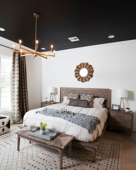 Bedrooms of Instagram on Instagram: “This @stricklandinteriors  bedroom is stunning with a black ceiling and light hard wood floors! It is the Master Bedroom for the 2020…” Black Ceiling Gray Walls Bedroom, Black Celling Design Bedroom, Black Wall And Ceiling Bedroom, Black Ceiling In Bedroom, Black Ceiling Bedroom Master Suite, Black Bedroom Ceiling Ideas, Black Ceiling Bedroom Ideas, Bedroom With Black Ceiling, Black Bedroom Ceiling