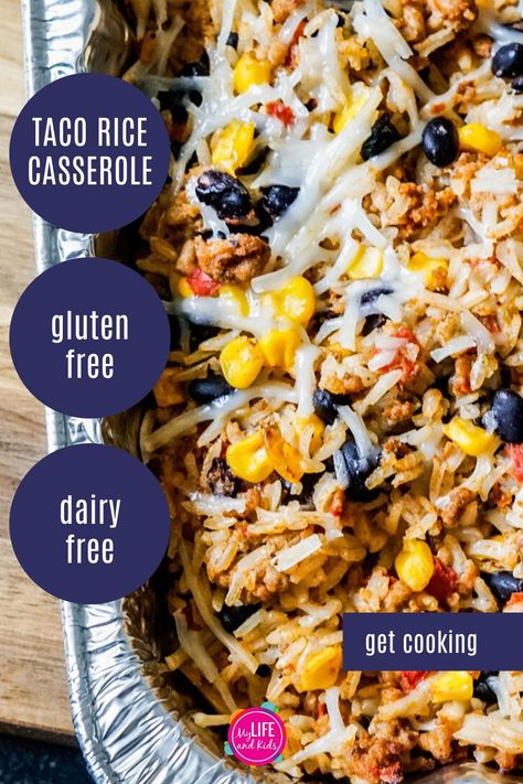 This easy, healthy recipe is gluten free, dairy free AND perfect for the freezer. My entire family loves this Taco Rice Casserole (made without beef). It tastes delicious, and it's a great freezer meal to make ahead and whip out for a quick dinner for our family or to feed a crowd. While this recipe gives dairy free and gluten free modifications, it does not HAVE to be dairy free or gluten free. Make it for dinner tonight or to keep your freezer stocked. Taco Rice Casserole, Casserole Dairy Free, Gluten Free Dairy Free Dinner, Taco Rice, Dairy Free Recipes Dinner, Dairy Free Dinner, Gluten Free Recipes For Dinner, Feed A Crowd, Freezer Meal