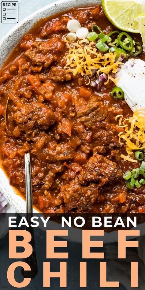 Texas No Bean Chili is hearty and jam packed with tender meat, veggies and bold flavor! It's so easy to prepare and can be made with beef, turkey or pork! Beef Chili No Beans Recipe, Homemade Chili Without Beans, Ground Beef Chili Recipe No Beans, Homemade Chili Recipe No Beans, Texas No Bean Chili Recipe, Chilli Recipe No Beans, Best No Bean Chili, No Bean Chili Recipes, Texas Soup