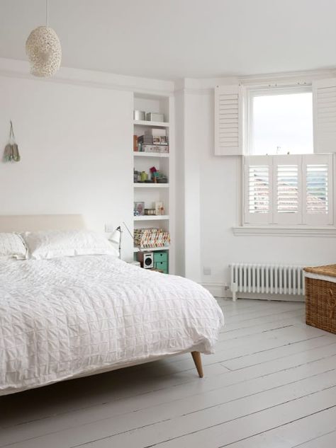 Victorian Secret, White Floorboards, Classic Bedroom Furniture, Painted Floorboards, Cheap Patio Furniture, All White Bedroom, Entryway Decor Ideas, Serene Bedroom, Relaxing Bedroom