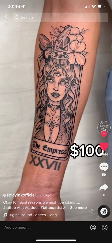 Medusa Tarot Card Tattoo, Medusa Tarot Card, Empress Tarot Card, Tarot Card Tattoo, Tarot Tattoo, Small Rose Tattoo, Forearm Tattoo Women, Spiritual Tattoos, Card Tattoo