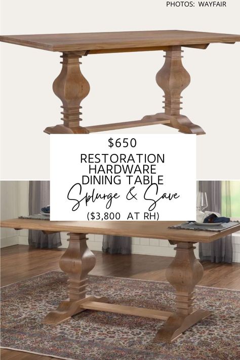 I found so many Restoration Hardware Salvaged Wood Trestle Rectangular Extension Dining Table dupes! They feature trestle legs, distressed finishing, and many are solid wood and extendable. These tables can help you get the Restoration Hardware look for less! #inspo #decor #design #lookforless #highlow #diningroom Restoration Hardware Look For Less, Restoration Hardware Dining Table, Restoration Hardware Dining Room, Restoration Hardware Look, Modern Traditional Decor, Restoration Hardware Furniture, Restoration Hardware Dining, Farmhouse Style Dining Table, Restoration Hardware Style