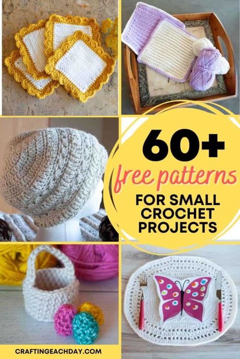 Ready to make a small crochet project fast? This list of more than 60 different free patterns will give you lots of ideas. Find small projects you can make today! Crochet Small Items To Sell, Crochet For Profit, Small Crochet Items For Craft Fair, Crochet Scrap Yarn Projects Free Pattern, Quick Crochet Projects To Sell Free Pattern, Crochet Patterns For Cotton Yarn, Yarn Scrap Projects Crochet, Scrap Yarn Projects Crochet, Quick Crochet Projects Free Pattern