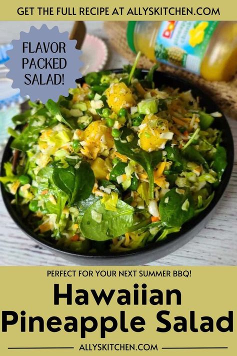 Plateful of Hawaiian pineapple salad with spinach, pineapple, and peas. Pineapple Feta Salad, Hawaii Salad, Recipe With Pineapple Chunks, Hawaiian Salad Recipes, Pineapple Recipes Healthy, Fresh Pineapple Recipes, Hawaiian Appetizers, Pineapple Salad Recipes, Hawaiian Salad