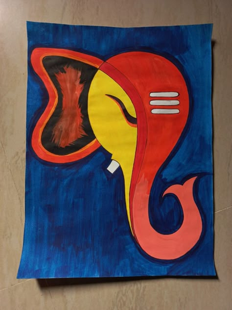 Water colour painting of Bappa Ganesh Drawing Simple With Colour, Rangeela Colour Painting Ideas, Water Colour Rangoli Designs, Ganpati Bappa Painting Easy, Ganpati On Canvas, Ganesh Canvas Painting Easy, Ganesh Ji Painting, Ganpati Rangoli, Festival Drawing